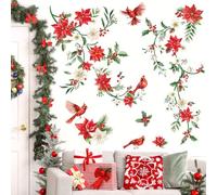 decalmile Christmas Flowers Vine Window Wall Decals Christmas Floral Red Cardinal Bird Wall Stickers Living Room Party Home Door Window Showcase Wall Decorations