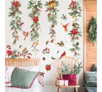 decalmile Christmas Hanging Vine Window Wall Decals Green Leaves Flowers Wall Stickers Cardinal Birds Window Clings Room Door Christmas Party Window Showcase Decorations