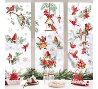 Decalmile Christmas Red Cardinal Birds Window Clings - Reusable Holly Berry Pine Tree Branch Cones Flowers Decals - Double Side Printed Stickers for Glass Door Home Party Showcase Decoration