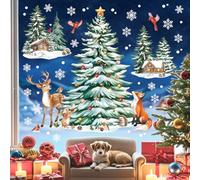 decalmile Christmas Tree Double Sided Window Clings Xmas Tree Forest Animals Deer Fox Anti-Collision Glass Doors Window Stickers Decals Winter Home Party