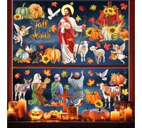 decalmile Fall for Jesus Double Sided Window Clings Autumn Pumpkin Maple Leaves Christian Jesus Religious Cross Angels Anti-Collision Glass Doors Window Stickers Decals