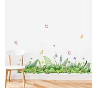 decalmile Green Grass Fern Baseboard Wall Stickers Meadow Flowers Butterflies Skirting Line Corner Wall Decals Bedroom Living Room Wall Decor (Width:141CM)