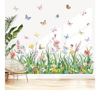 decalmile Green Grass Wall Corner Stickers Plant Flowers Butterflies Baseboard Skirting Line Wall Decals Bedroom Living Room Dining Room Wall Decor