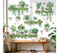 decalmile Green Pot Plants Wall Stickers Tropical Leaf Hanging Vines Leaves Bird Wall Decals Living Room Tv Background Bedroom Home Decor