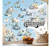 decalmile Hello Fall Blue Pumpkin Window Clings Buffalo Plaid Truck Fall Leaves Thanksgiving Double Sided Window Decals Anti-Collision Window Glass Doors Window Stickers