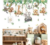 decalmile Jungle Animal on Swings Wall Stickers Safari Animal Elephant Giraffe Monkey Tropical Leaves Wall Decals Baby Nursery Kids Room Wall Decor