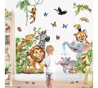 decalmile Jungle Animals Wall Stickers Safari Lion Elephant Zebra Monkey Tropical Leaves Door Wall Decals Baby Nursery Kids Room Playroom Door Wall Decor
