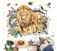 decalmile Large 3D Safari Lions Wall Stickers Break Through Jungle Animals Giraffe Zebra Tropical Leaves Wall Decals Baby Boy Kid Bedroom Playroom Wall Decor