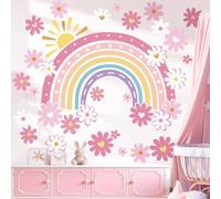 decalmile Large Boho Rainbow Wall Stickers Pink Daisy Flower Wall Decals Baby Nursery Bedroom Girls Room Home Decor