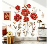 decalmile Large Red Poppy Flower Wall Stickers Floral Butterfly Plants Gold Leaves Wall Decals Bedroom Living Room Sofa TV Background Home Decor