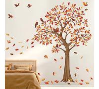 decalmile Large Tree Autumn Wall Decals Flying Fall Leaves Birds Wall Decals Bedroom Living Room Sofa TV Background Wall Decor