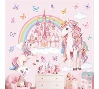 decalmile Large Unicorn Rainbow Wall Stickers Pink Castle Butterfly Wall Decals Baby Nursery Bedroom Girls Room Home Decor