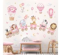 decalmile Pink Animal Train Wall Decals Elephant Lion Hot Air Balloon Wall Stickers Girls Bedroom Baby Nursery Playroom Wall Decor