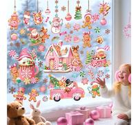 decalmile Pink Christmas Gingerbread Man Double Sided Window Clings Reusable Xmas Peppermint Candyland House Cookie Car Anti-Collision Glass Doors Window Stickers Decals