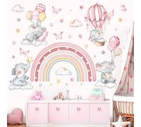 decalmile Pink Rainbow Elephant Wall Stickers Hot Air Balloon Animals Clouds Stars Wall Decals Baby Nursery Kids Bedroom Daycare Wall Decor