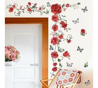 decalmile Red Rose Vine Wall Decals Flowers Butterfly Leaves Wall Stickers Bedroom Living Room Kitchen Wall Decor