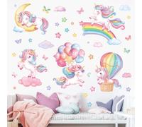 decalmile Sleeping Unicorn Rainbow Wall Decals Hot Air Balloon Moon Clouds Wall Stickers Baby Nursery Girls Bedroom Kids Room Wall Decor
