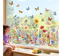 decalmile Spring Summer Garden Flower Double Sided Window Clings Wildflower Butterfly Plants Anti-Collision Glass Doors Window Stickers Decals