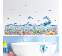 decalmile Under The Sea Seaweed Grass Wall Decals Dolphins Fish Ocean Wave Baseboard Skirting Line Wall Stickers Kids Bedroom Bathroom Wall Decor