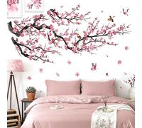 decalmile Watercolor Red Flower Branch Wall Decals Cherry Blossom Tree Floral Birds Wall Stickers Living Room Bedroom Sofa TV Background Home Decor