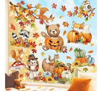 decalmile Woodland Animals Fall Pumpkin Double Sided Window Clings Thanksgiving Autumn Harvest Bear Fox Racoon Anti-Collision Glass Doors Window Stickers Decals