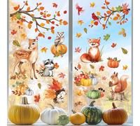 decalmile Woodland Animals Fall Pumpkin Window Clings Deer Fox Racoon Autumn Harvest Double Sided Window Decals Anti-Collision Window Stickers