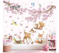 decalmile Woodland Animals Pink Flower Wall Stickers Cherry Blossom Branch Deer Fox Wall Decals Baby Nursery Kids Bedroom Living Room Home Decor