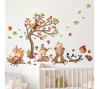 decalmile Woodland Animals Tree Wall Decals Bear Fox Deer Autumn Leaves Wall Stickers Baby Nursery Kids Bedroom Living Room Wall Décor