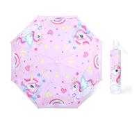 Decalsweet Kids Travel Folding Umbrella,Strong Windproof Automatic Compact Umbrella with Reflective Strips,UV Protection Sun Umbrella for Girls-Unicorn