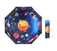 Decalsweet Kids Travel Folding Umbrella,Strong Windproof Automatic Compact Umbrella with Reflective Strips,UV Protection Sun Umbrella for Boys Girls-Astronaut Planet