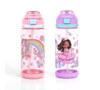 Decalsweet Kids Water Bottle With Straw,2 Packs 600ml Childrens Water Bottle,Leakproof Toddler Drinks for School Travel,Lightweight Sport Bottles for Girls(Unicorn+Mermaid)
