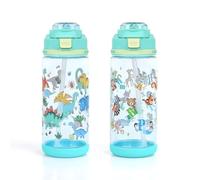 Decalsweet Kids Water Bottle With Straw,2 Packs 600ml Childrens Water Bottle,Leakproof Toddler Drinks for School Travel,Lightweight Sport Bottles for Boys(Green Dinosaur+Animal)