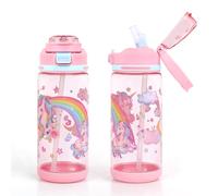 Decalsweet Kids Water Bottles With Straw,600ml Childrens Water Bottle,Leakproof Toddler Drinks for School Travel,Lightweight Sport Bottle for Girls,Pink Unicorn