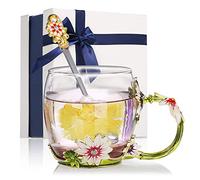Decdeal Enamel Glass Mug Flower Tea Cup Coffee Mug with Spoon & Cleaning Cloth & Gift Box, Gifts for Mum, Wife, Girl, Teacher on Birthday, Valentine's Day, Mother's Day, Wedding Anniversary, Christmas