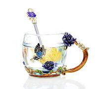 Decdeal Enamel Glass Mug, Flower Tea Cup Lead-Free Coffee Mug with Spoon&Cleaning Cloth&Gift Box,Gifts for Mum,Wife,Girl,Teacher on Birthday,Valentine's Day,Mother's Day,Wedding Anniversary,Christmas