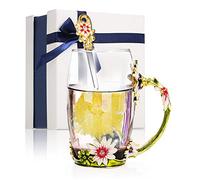 Decdeal Enamel Glass Mug, Flower Tea Cup Lead-Free Coffee Mug with Spoon&Cleaning Cloth&Gift Box,Gifts for Mum,Wife,Girl,Teacher on Birthday,Valentine's Day,Mother's Day,Wedding Anniversary,Christmas