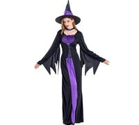 DECEED 3 PCS Halloween Witch Costume Set, Purple Long Dress with Wicked Witch Hat & Choker, Sorceress Costume For Women, Black&purple, S