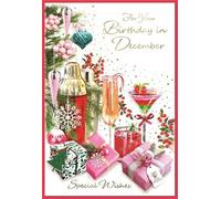 December Birthday Christmas Card - Gifts and Cocktails with Gold Foil 7.5x5.25