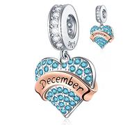 December Birthstone Charms fits Pandora Birthday Bracelet/Necklace, 925 Sterling Silver Pave Heart Turquoise Birth Stone Pendant Beads, Gift for Christmas/Family/Best Friend/Lover