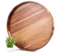 Decent Vrvege Extra Large Round Ottoman Coffee Table Tray, 22" Big Kitchen Serving Trays for Huge Ottoman Counter Giant Decorative Organizer, Huge Wood Serveware Tray with Built-in Handle for Big Job