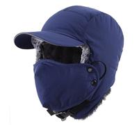Decentron Men's Winter Trapper Hat with Face Mask Faux Fur Trooper Hunting Hat Waterproof Warm Ear Flaps Hats Navy Blue