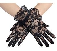 Deceny CB Short Lace Gloves for Women Wrist Length Floral Gloves for Wedding (Black)