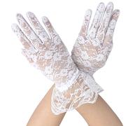 Deceny CB Short Lace Gloves for Women Wrist Length Floral Gloves for Wedding (White)