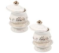 DECHOUS 2pcs Ceramic Lotus Offering Cup with Tray and Lid for Shrine Water | White Porcelain, Engraved Auspicious Patterns, round Glossy Finish, Meditation Use, Stable Base