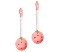 DECHOUS 2pcs Ceramic Strawberry Pattern Soup Spoon with Comfortable Grip, Cute Rounded Handle Kitchen Spoon for Dining Table or Gift for Friends and Family, Pink Colour, Suitable