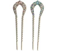 DECHOUS 2Pcs Rhinestone Hair Chopsticks Double Prong U-Shape Hair Stick Set Vintage Style Dovetail Pins for Women Purple and Blue Decorative Accessories for Styling