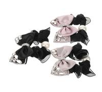 DECHOUS 3pcs Satin Ribbon Bowknot Hair Ties Rhinestones and Pearls, High Elasticity Elastic Hair Bands for Women, Ponytail Holders in Black, Pink Purple, and Gray for Daily Wear and