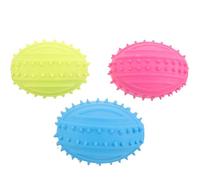 DECHOUS 3pcs Small Dog Squeaky Rugby Ball Chew, Sturdy Rubber Interactive Pet Teething Balls for Puppies, Assorted Blue, Yellow, and Rose Red Colors for Active Play