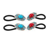 DECHOUS 4pcs Bohemian Ethnic Style Hair Elastics Antique Silver and Turquoise Lotus Flower Design, High Elasticity Ponytail Holders for Women, Blue and Red Mixed Set