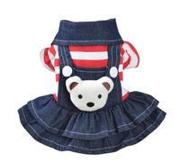 DECHOUS Adorable Red Cotton Dog Dress with Bear Design and Stripes, Comfortable and Easy to Put on Pet Apparel for Small Girl Dogs Suitable for Daily Wear at Home